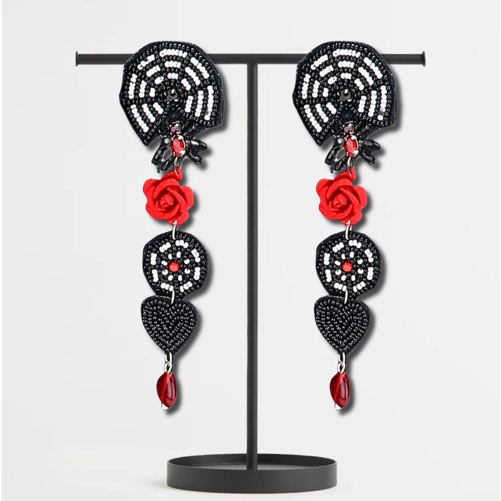 5-Inch Long Halloween Goth Red Rose Teardrop Crystal Spider Web Beaded Earrings